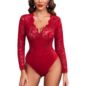Avidlove Lace Bodysuit for Women Sexy Long Sleeve V Neck Body Suits Going Out Tops Snap Crotch One Piece Teddy Lingerie (Medium, Burgundy)