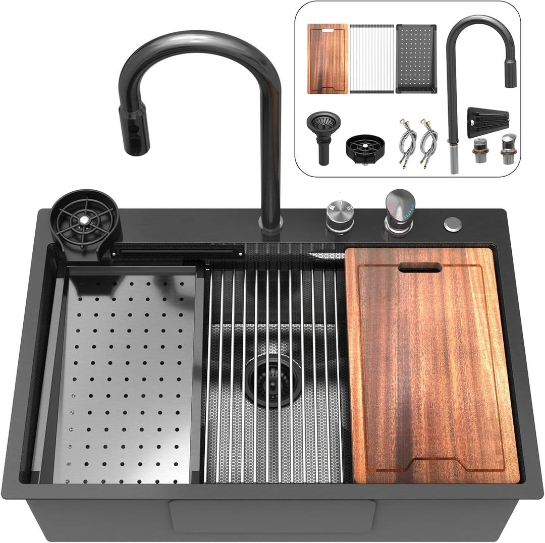 33 inch Waterfall Kitchen Sink Metal Black -Feibus 33x22x10 Drop In Sink with Faucet Combo Double Step Workstation 16 Gauge Multifunctional Stainless Steel Single Bowl