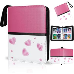 Collectible Trading Card Albums,4 Pocket Card Binder, 400 Double Sided Pocket,PU Premium Zip Trading Card Binder for TCG, MTG,Sports Cards (Pink White)
