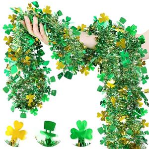33 FT St Patricks Day Garland Decor Gold Green Shamrock Hat Tinsel Garland, Shiny Metallic Streamer Twist Garland Hanging St Patricks Day Decorations for Home Indoor Outdoor Irish Party Supplies
