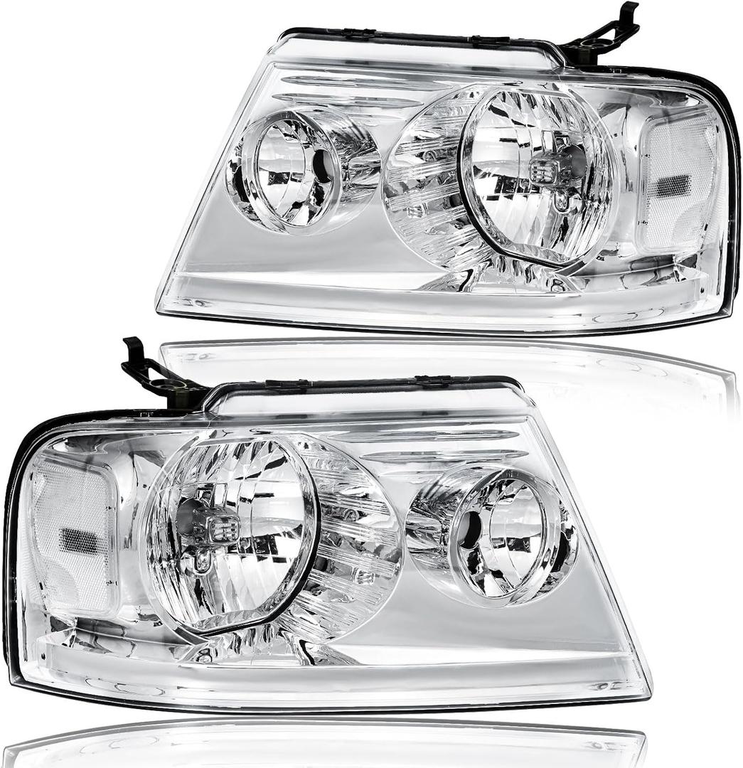 Headlight Assembly, Headlights Kit Compatible with 2004-2008 Ford F150/2006-2008 Lincoln Mark LT Replacement Headlamp Chrome Housing Clear Reflector