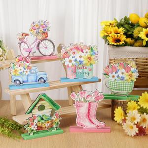 Barydat 6 Pcs Spring Wooden Table Decor Farmhouse Floral Truck Gnome Wood Sign Hello Spring Table Centerpieces for Tiered Tray Mantle Shelf Office Home Kitchen Party Decorations(Truck)
