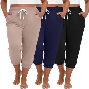 Ficerd 3 Pack Women's Plus Size Capri Sweatpants Cotton Drawstring Joggers Cropped Athletic Lounge Pants with Pockets (XXXL)