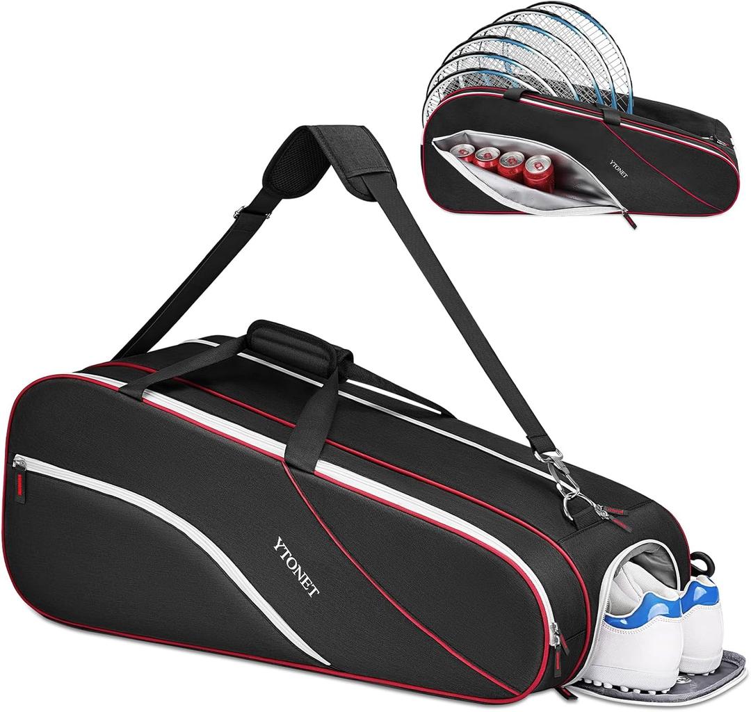 Ytonet Tennis Bag 6 Rackets, Large Tennis Racket Bag for Men Women with Insulated Pocket Shoe Compartment Water Resistant 3-Ways Carry Padded Badminton Cover for Pro/Team/Familiy Training, Black