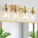 4 Light Brushed Brass Vanity Light Over Mirror, Gold Bathroom Fixtures, Vintage Wall Sconce With Clear Glass Shade, Brushed Gold Lights for Bathroom