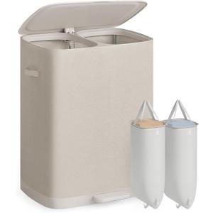 SONGMICS Laundry Basket with Lid, 160L Large Hamper, 2 Compartments Foldable Washing Basket with Handles, Removable Liner Bags, 56 x 40.5 x 75 cm, Beige, BROSI Collection LCB832L101, Size Name: 75H cm