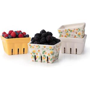 BIEN BEAU Farmhouse Ceramic Berry Basket, Colander, Farmers Market square Bowl. Rustic Kitchen decor fruit bowls, Fruit Baskets, Yellow, White and floral pattern Stoneware Harvest Bowls Set of 4