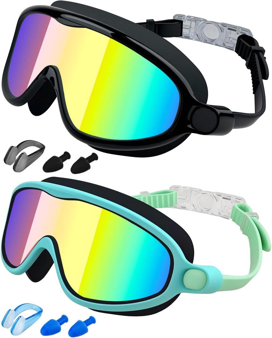 Rantizon Kids Swimming Goggles 2 Pack, Anti Fog&UV Kids Goggles for Boys Girls, No Leak Wide View Swim Goggles for Child 3-14 (Black Aqua & Green Aqua)