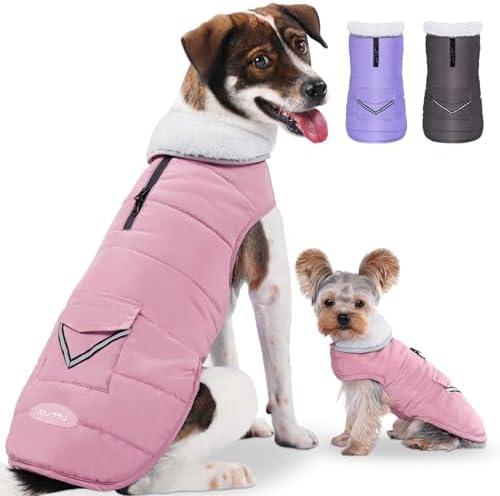 iBuddy Dog Winter Coat for Large Dogs, Easy on Dog Snow Coat Velcro Waterproof Pet Puffer Jacket with Harness Hole Adjustable Reflective Quilted Pet Cold Weather Vest Wind-Poof for Pitbull Boy Girl, L