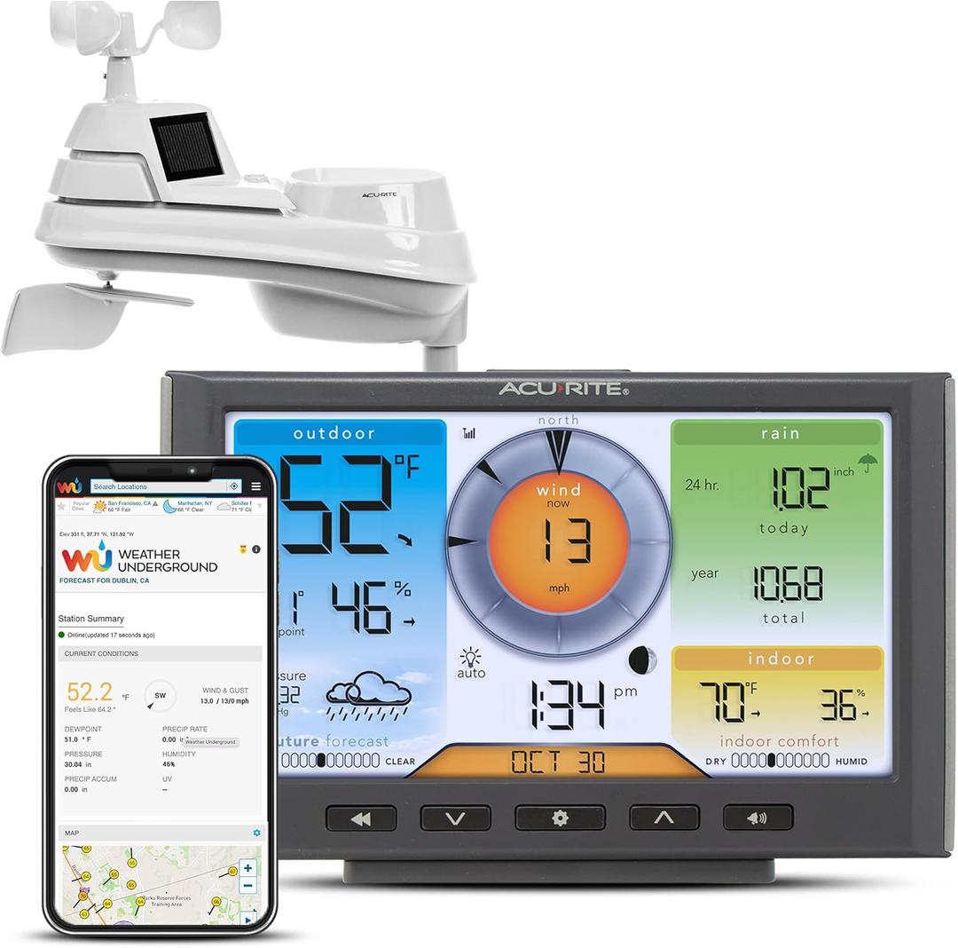 AcuRite Iris (5-in-1) Home Weather Station with Wi-Fi Connection to Weather Underground with Temperature, Humidity, Wind Speed/Direction, and Rainfall (01540M) , Black