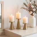 Gold Iron Plate Candle Holder Set of 3-4 & 4.7 & 6.4 Inch Tall, Decorative Iron Pillar Candle Plate, Elegant Candle Stand for LED & Wax Candles, Incense Cones, Spa, Weddings (Candles Not Including)