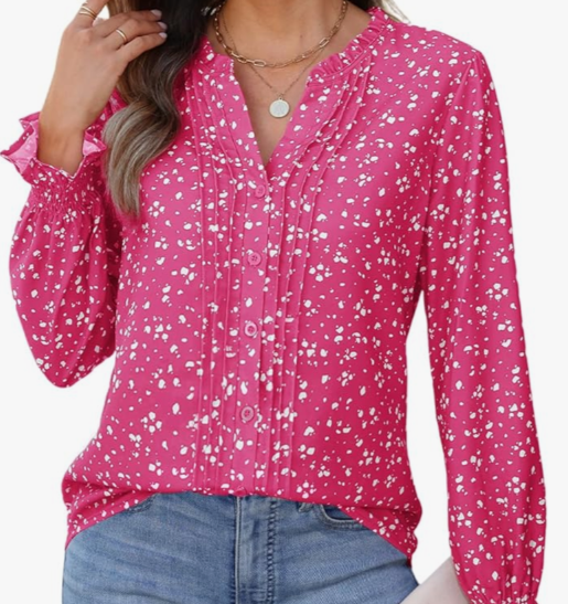 CiCiBird Womens Casual V Neck Blouses Button Down Shirts Long Sleeve Floral Print Business Work Tops Size XL
