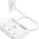 100W Charging Station, 6 AC Outlets 8 USB Power Strip with 2000J Surge Protector, 5ft Flat Plug Extension Cord, Compact for Desk Home Office Dorm, White