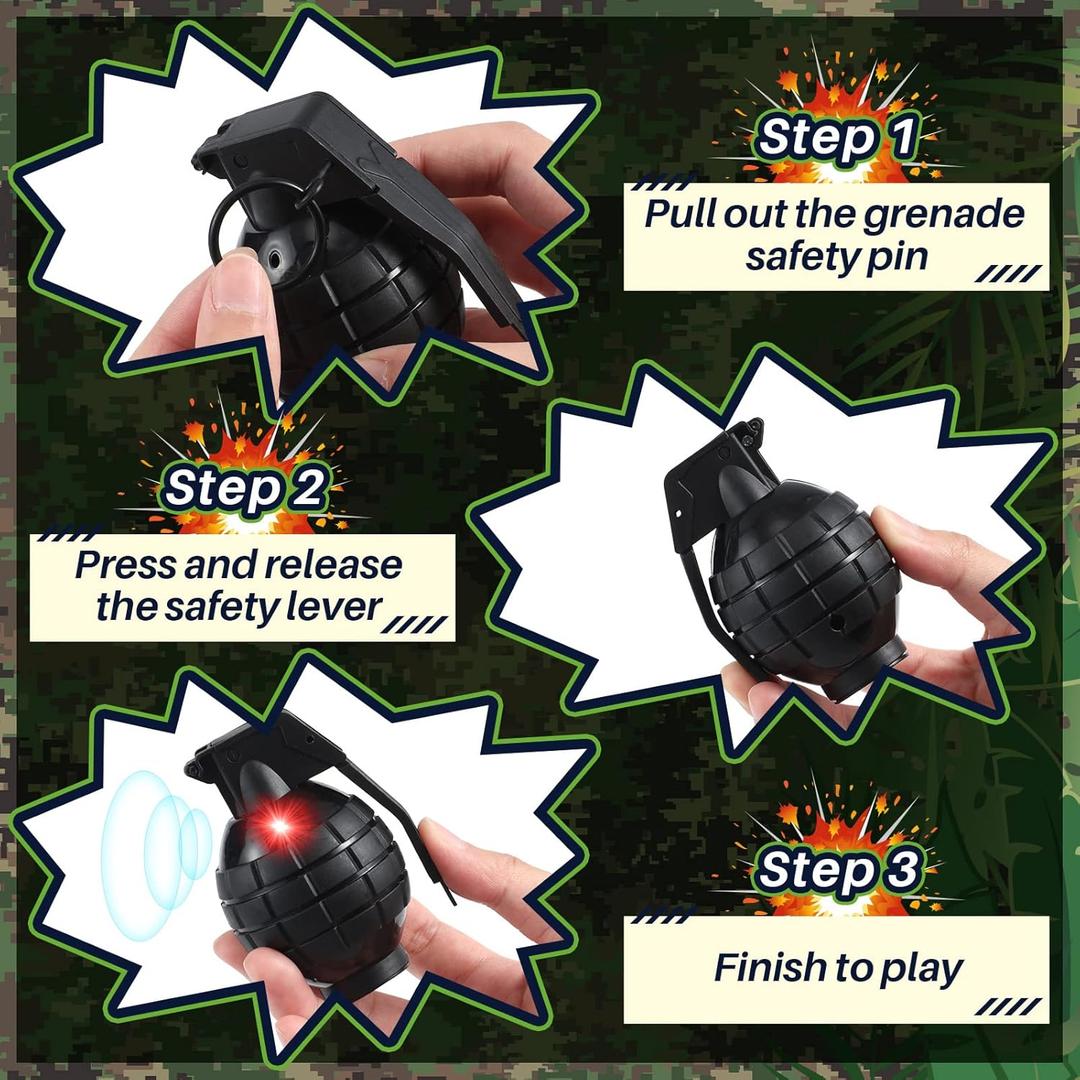 Sratte 4 Pcs Plastic Toy Hand Grenades Fake Grenade with Realistic Sound Effects and Flashing Light, Christmas Military Toys for Pretend Army Role Play Prop Xmas Gifts(Black)