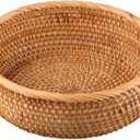 Hadewoven Round Rattan Fruit Basket Wicker Food Tray Weaving Storage Holder Dinning Room Bowl, 9 Inch Woven Bread Basket Key Bowls with 3.5Wall for Table, Countertop (Medium 8.66")