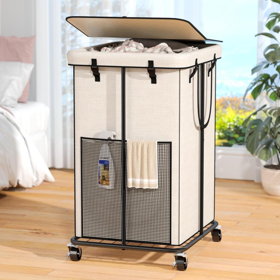 160L Laundry Hamper with Lid, Rolling Laundry Basket with Wheels, Large & Tall Dirty Clothes Hamper with Metal Frame and Removable Bag for Bedroom Aesthetic, Laundry Room, Bathroom, Dorm-White (42GAL)