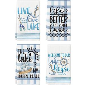 Artoid Mode Buffalo Plaid Stripes Anchors Lake Summer Kitchen Towels Dish Towels, 18x26 Inch Seasonal Decoration Hand Towels Set of 4