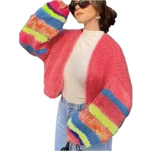 SweatyRocks Women's Chunky Knit Open Front Cardigan Striped Long Sleeve Loose Sweater Outerwear (Red, S)