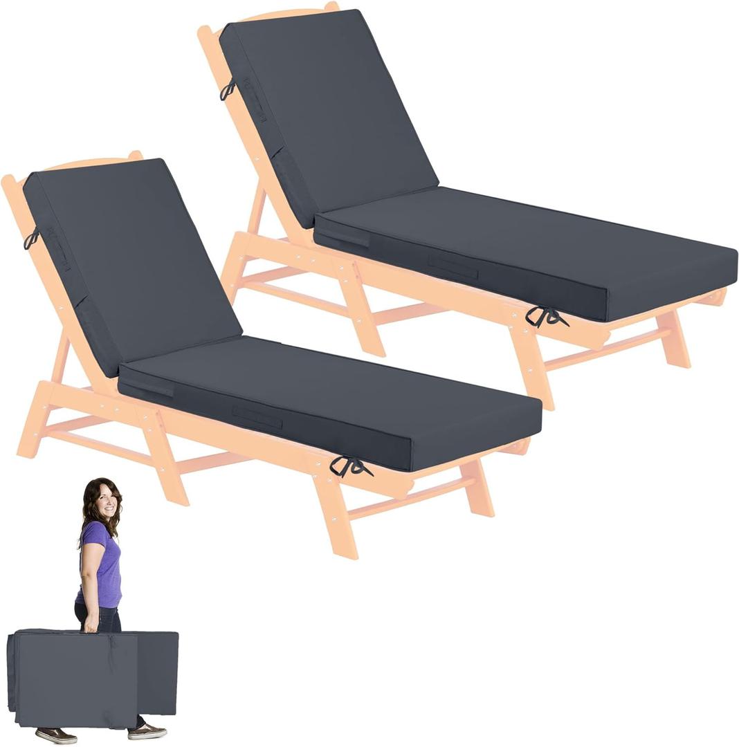 72 x21 x4 Inch Chaise Lounge Cushions Outdoor, 6 Ties and 2 Handles, Removable Waterproof Fade Cover, Patio Lounge Chair Cushion for Outdoor Lawn Deck Pool Furniture,2Pcs, Dark Gray