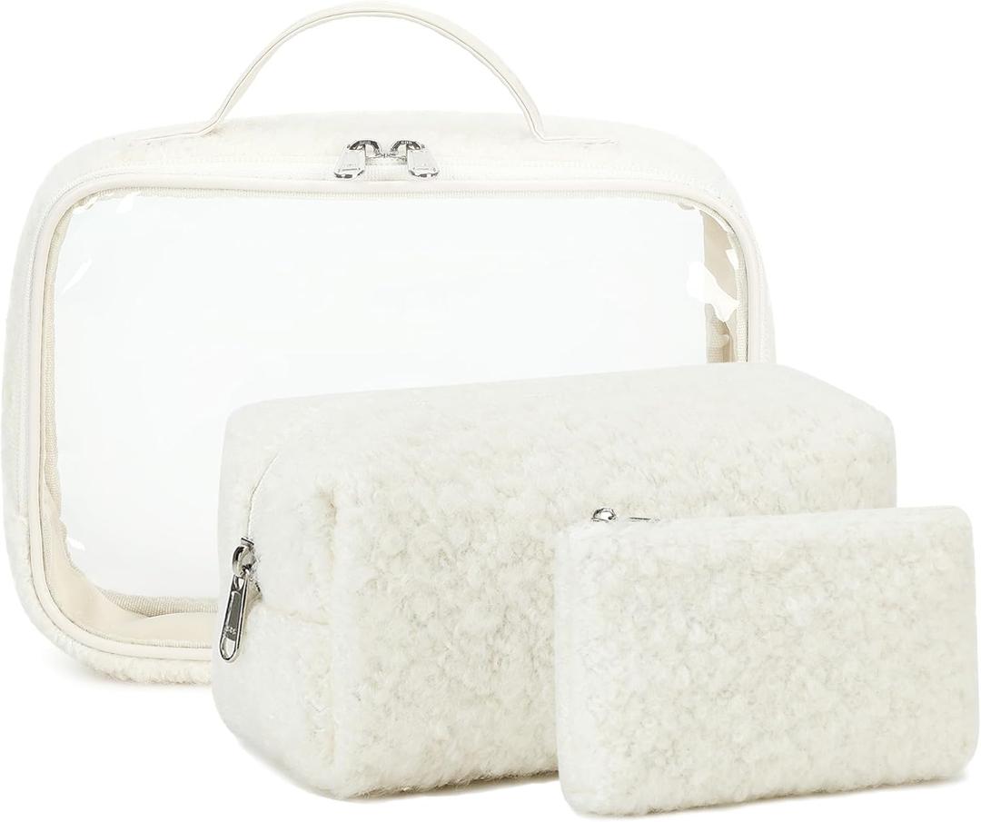 Bluboon 3Pcs Makeup Toiletry Bag for Women, Clear Packing Cubes Cosmetic Bag for Travel Women With Zipper Travel Essentials (Beige Lamb Wool)