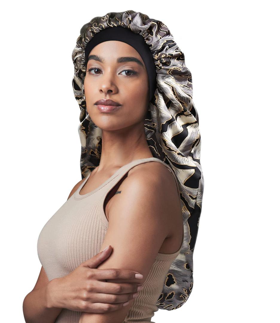 Jumbo Satin Cap Curly Hair Bonnet for Sleeping (X-Large, Black Leopard)