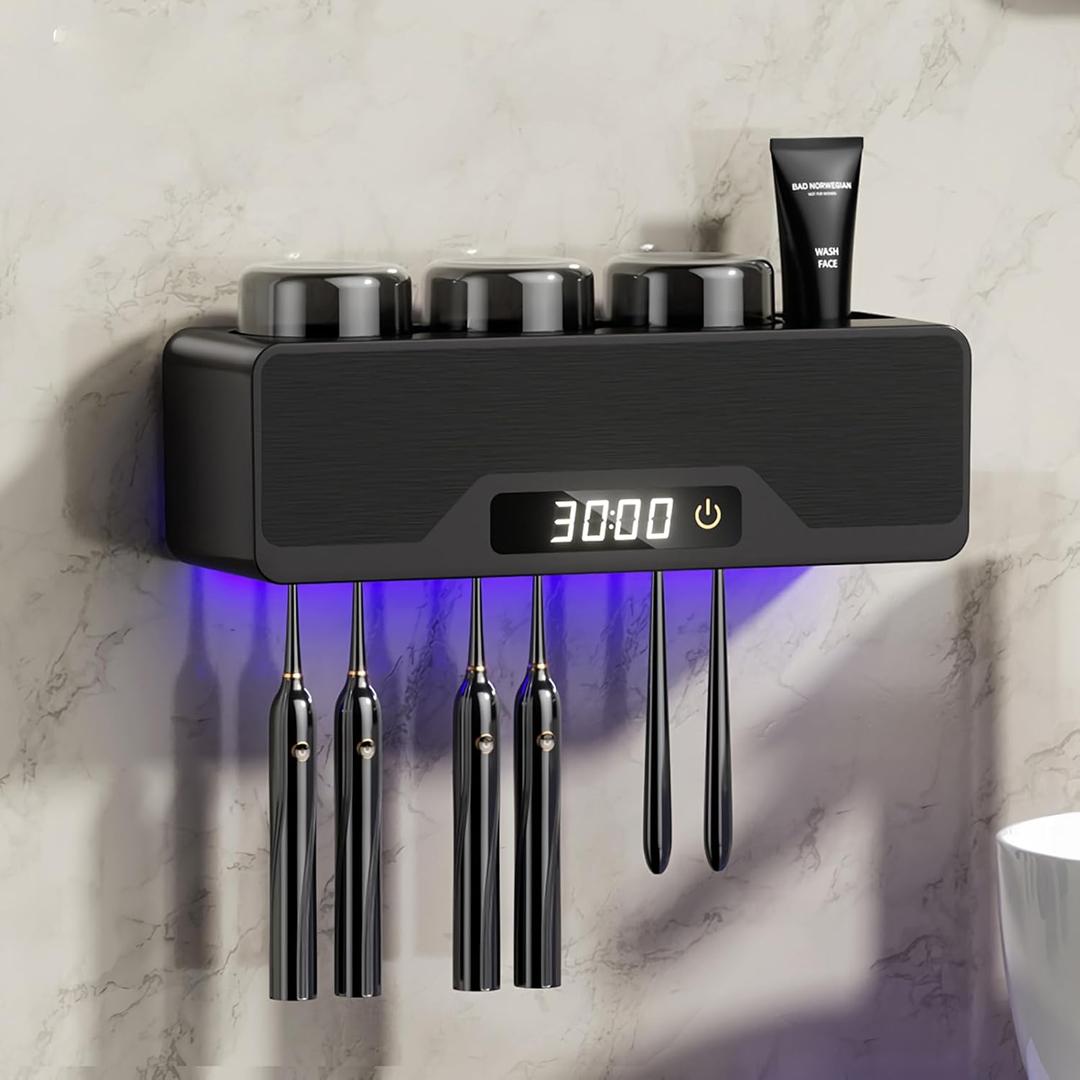 Toothbrush Holders for Bathrooms,Rechargeable Cordless Wall Mounted Tooth Brushing Holder,3 Cup Electric Toothbrush Holder,Bathroom Fashion Decorations (Black)