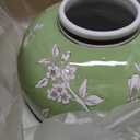 Large Ceramic Vase, 10.8 Inch Green Decorative Vases for Living Room, Hand-Painted Chinoiserie Decor Round Vase with Antique Floral-Bird Pattern, Porcelain Vase for Flowers Arrangement