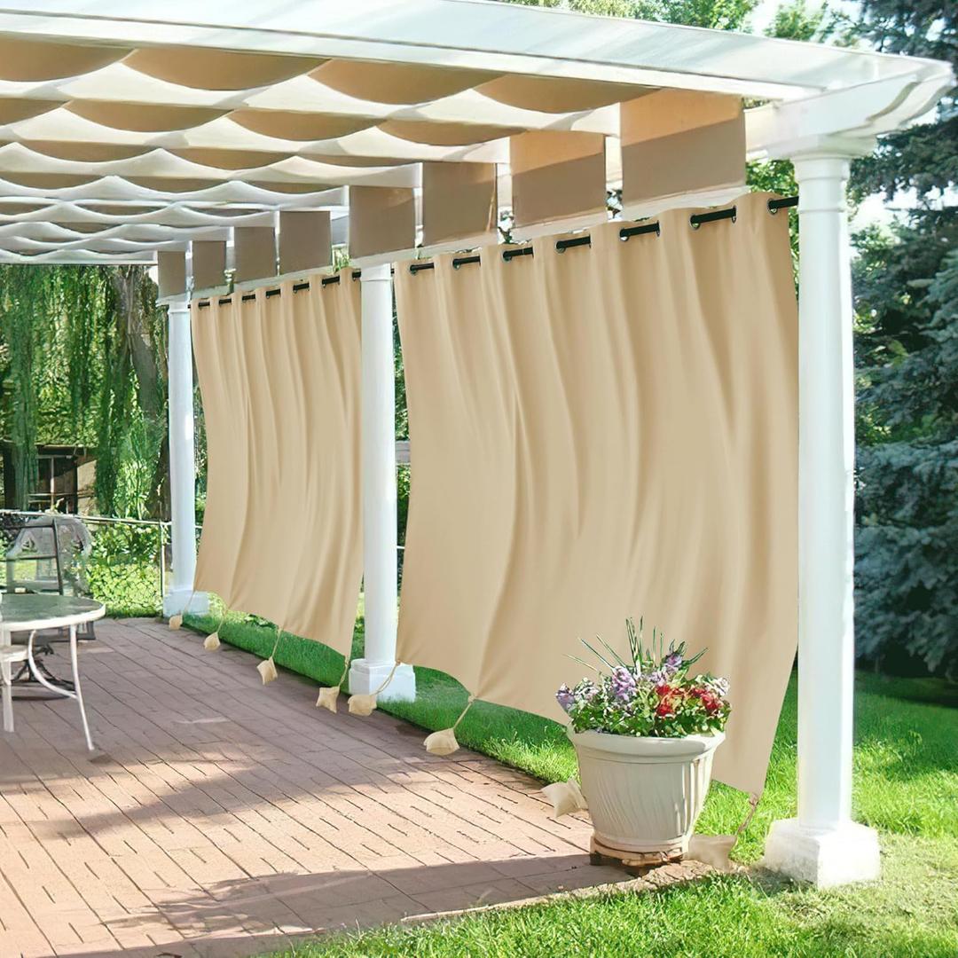 RYB HOME Extra Wide Outdoor Curtains Windproof, Blackout Waterproof Privacy Outside Curtains for Patio Pergola Pool Hut Screen Porch Outside Deck, W 105 x L 84 inch, Beige, 2 Panels
