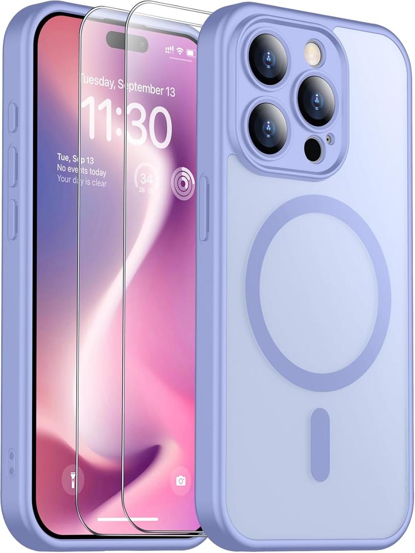 SPIDERCASE Designed for iPhone 15 Pro Case, Magnetic with [2 Tempered Glass Screen Protector] [Full Camera Protection] Anti-Fingerprint Anti-Scratch Cell Phone Case, Light Purple