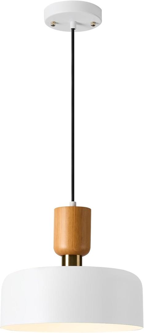 TeHenoo Modern Pendant Light,12 inch,Natural Wood and Brass Accent,Adjustable Simple Pendant Light Fixture for Kitchen Island, Dining Room, Matte White