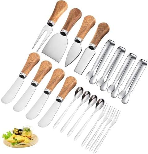 Cheese Knives Set with Wooden Handle,Mini Serving Tongs Spoons Forks Toothpick Flags for Party Christmas 14PCS