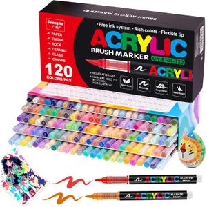 JRQ 120 Colors Acrylic Paint Markers, Brush Tip Acrylic Paint Pens for Wood Rock Glass Canvas Stone Fabric Glass Metal Ceramic Canvas DIY Crafts Art Supplies Kids Gifts