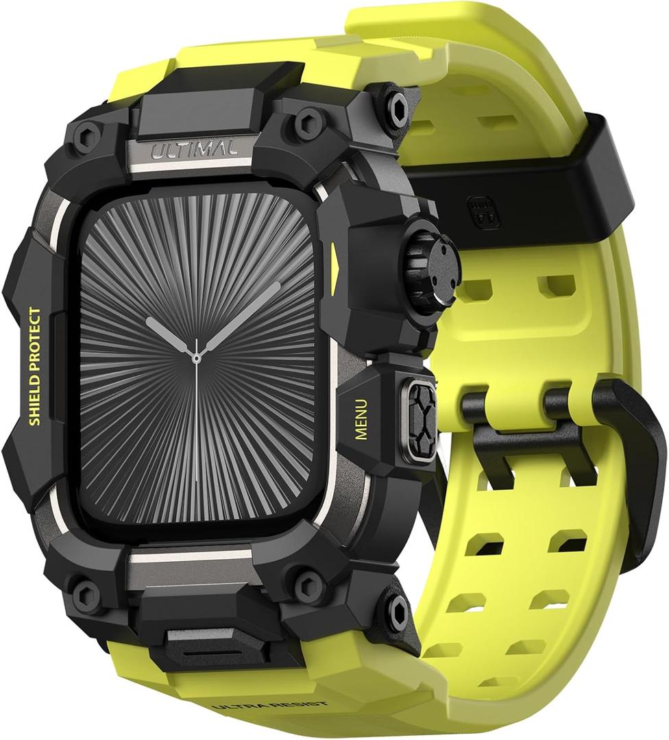 ULTIMAL Rugged Case with Band for Apple Watch 46mm,Compatible with Apple Watch Series 11/10, Military Grade Shockproof Bumper Cover for iWatch Tactical Band Men (46mm,Fluorescent Green)