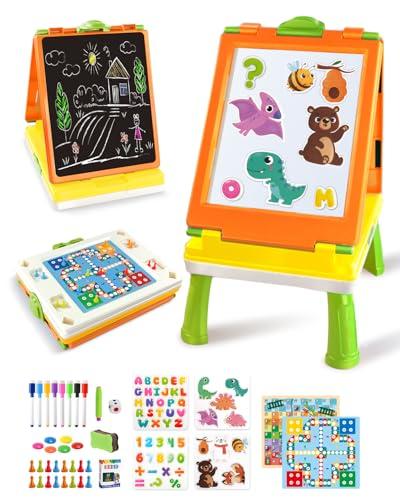 Elovien Easel for Kids, 4 in 1 Double Sided Toddler Art Easel with Chalkboard & Magnetic Whiteboard, Foldable Tabletop Easel with Drawing & Writing Accessories - Educational Gift for Boy Girl (Orange)