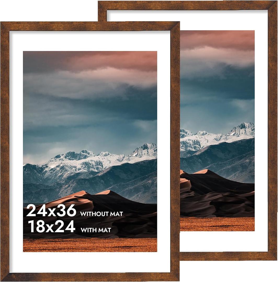 iRahmen 24x36 Poster Frame with 20x30 Mat - Plexiglass Wooden Picture Frames for Photo Wall Gallery Mounting (Dark Brown, Set of 2)