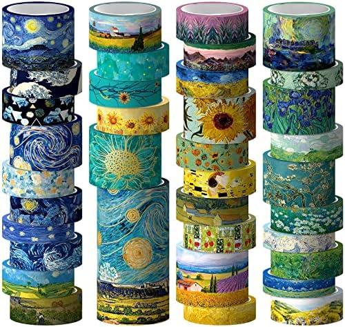 Geesinimo Washi Tape Set, 36 Rolls Van Gogh Vintage Gold Washy Tape, Wide Decorative Tape for Journaling, Scrapbooking Supplies,Vision Board Supplies, 6 Sizes Craft Watercolor Tape