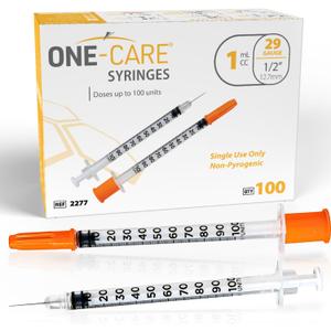 ONE-CARE Syringes 1 ml/cc, 29G x 1/2'' (12.7mm), Orange Cap, 100/box