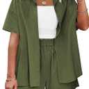 IN'VOLAND Women's Plus Size 2 Piece Tracksuit Outfits Sets Cotton Linen Sets Short Sleeve Shirt Summer Casual Shorts Set (Army Green)
