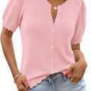 Saodimallsu Womens Puff Short Sleeve Cardigans Lightweight Button Down Shirts Crew Neck Casual Knit Sweater Tops (Pink, L)