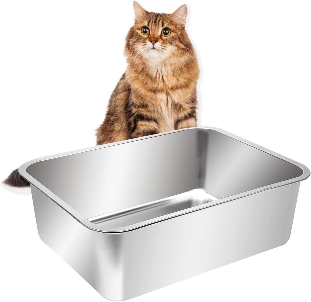 Kichwit Extra Large Stainless Steel Open Cat Litter Box with High Sides, Metal Litter Pan for Cat, 23.6 x 15.7 x 5.9 Inches