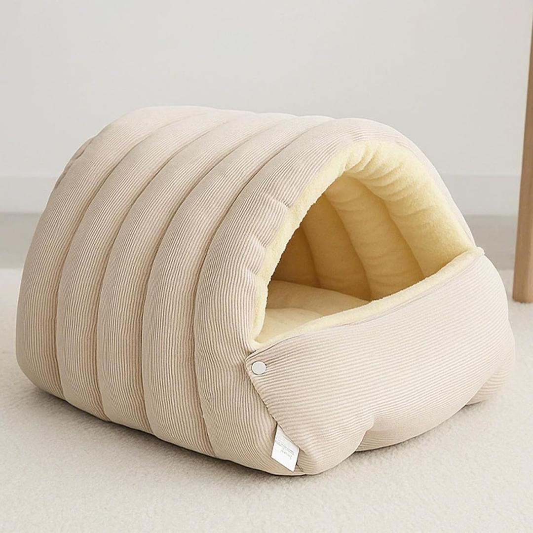 Panmall Cozy Cat Cave Bed, Enclosed Winter Cat House with Removable & Machine Washable Cover, Upgraded Warm Plush Cushion for Indoor Cats & Small Dogs (Beige)