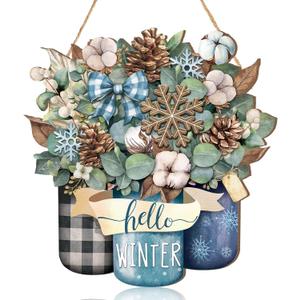 Boao Welcome Winter Door Decoration Hello Winter Wooden Sign Wall Snowflake Hanger Plaque for Christmas Outdoor Indoor Farmhouse Porch Decor