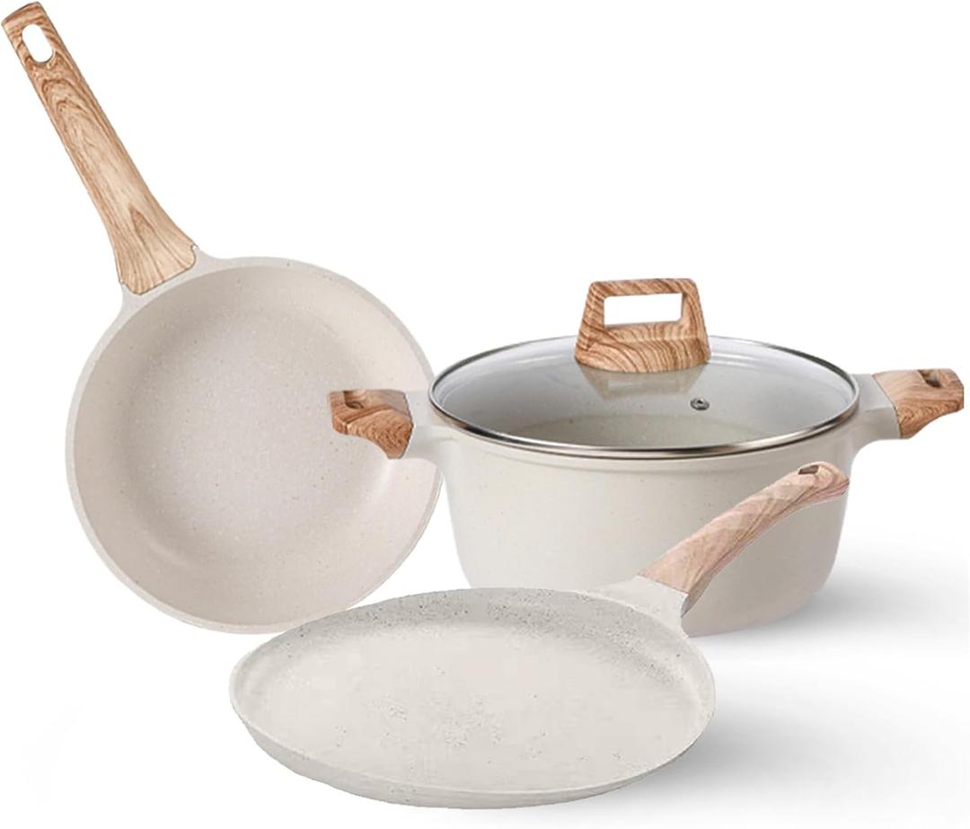 Pots and Pans Set, White Nonstick Induction Cookware Sets with Stay-Cool Handles, Kitchen Pan Sets for Cooking with Saucepan & Frying Pans & Crepe Pan, PFOS and PFOA Free (5pcs)