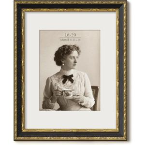 Vintage 16x20 Picture Frame, Ornate Antique Gold 16x20 Frame, Display 11x14 with Mat or 16 x 20 without Mat for landscape or Portrait, Gallery Wall Decor for Home (Black/Gold, Single)