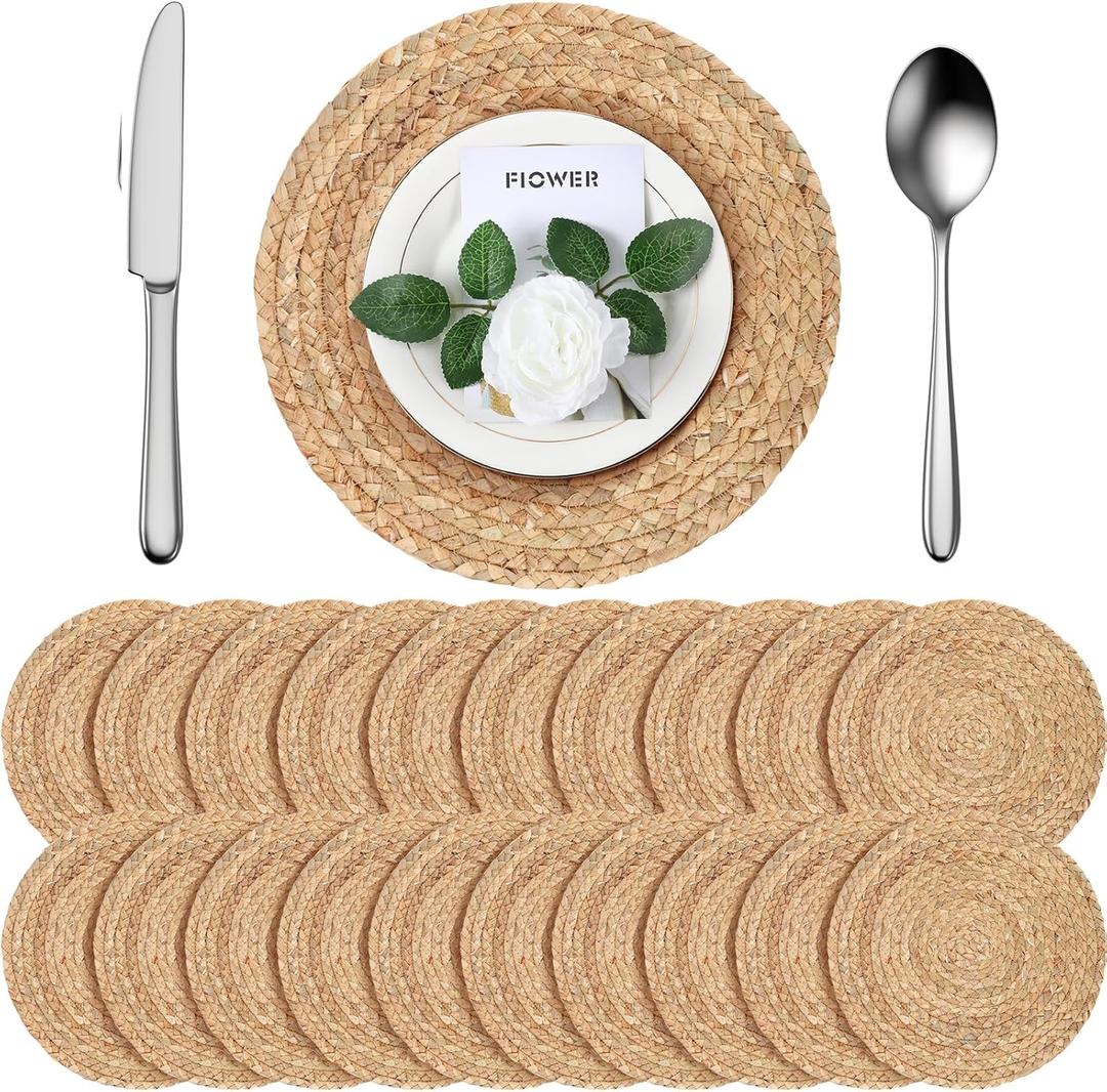 FoldTier 20 Pcs Round Placemats Bulk Plate Chargers Set 11.8 Inch Woven Placemat Rustic Braided Straw Rattan Charger Natural Water Hyacinth Place Mat for Wedding Party Table Single Tableware Use