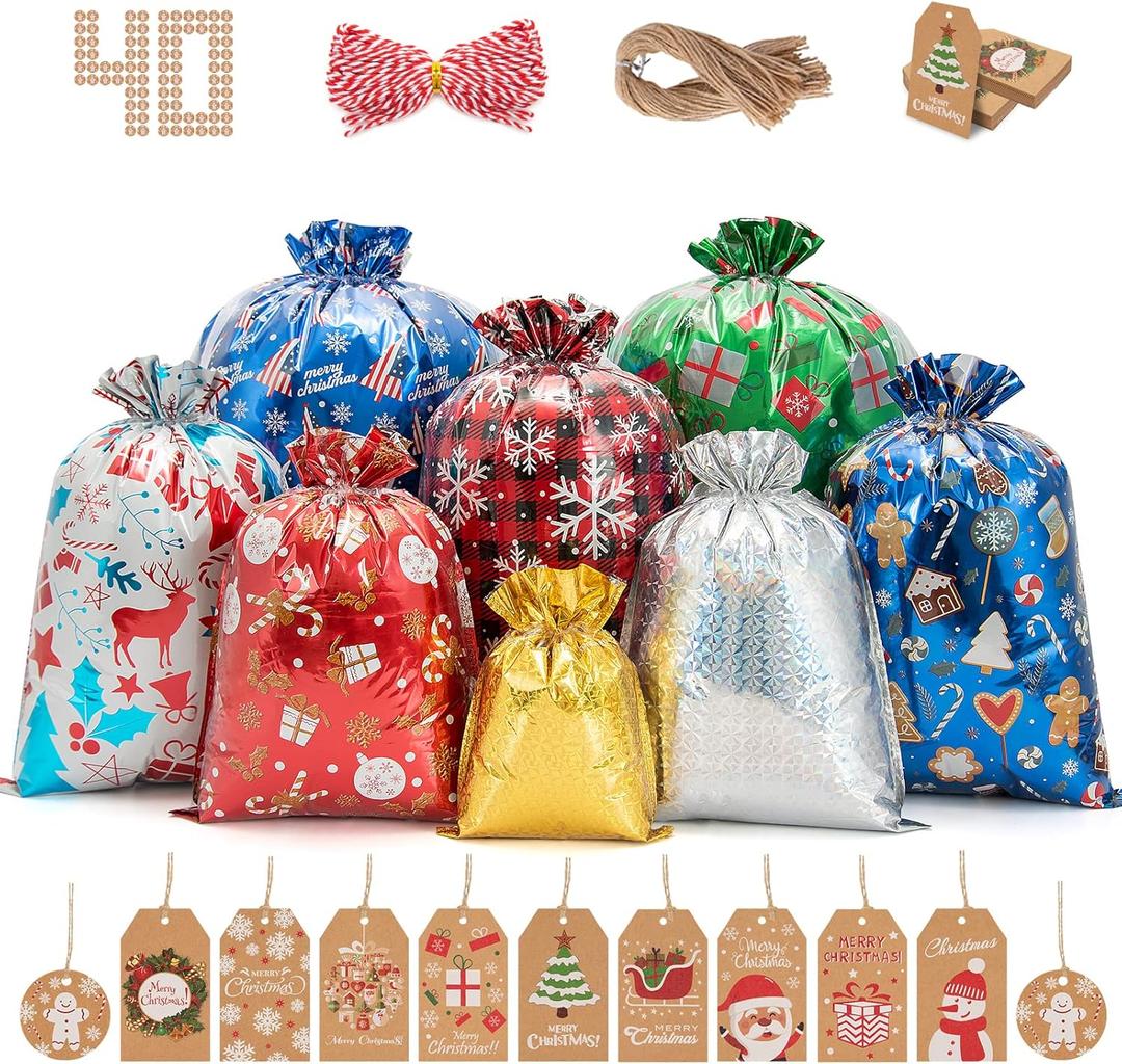 Lousrnman Drawstring Christmas Gift Bags, 40 Large Holiday Gift Bags, 50 Kraft Paper Tags and 2 390in Ribbon Ties, 5 Different Sizes for 8 Designs total 40 Pack Christmas Bags for Presents.