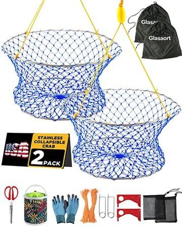 2Pack 24" Stainless Collapsible Crab Net, Crab nets for Crabbing | Crabbing with 50ft Rope, Bait Bag, Clip Ruler Complete Recreational Crabbing Gear for Dock, Pier & Shoreline Fishing