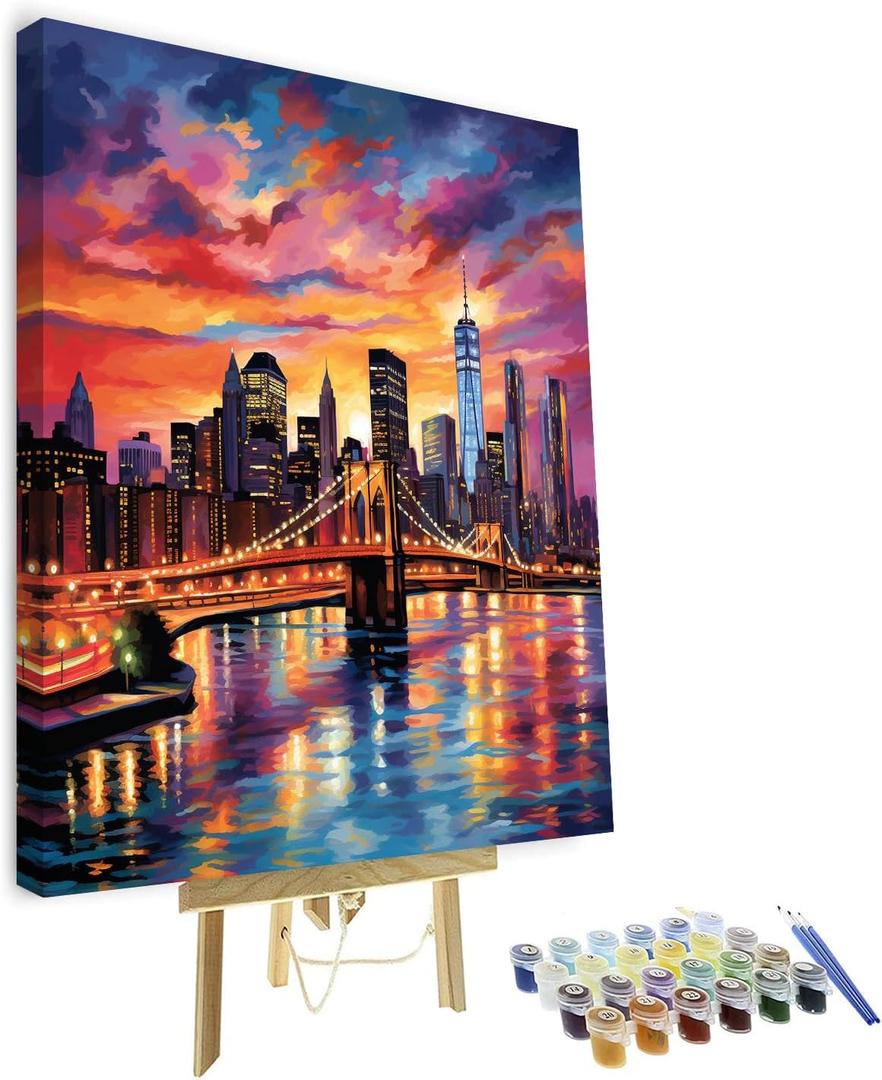 TUMOVO Paint by Numbers for Adults Colorful Cityscape Adults' Paint by Number Kits Brooklyn Bridge Sunset Landscape Art Painting Kits with Brushes Oil Painting Art Crafts Framed 16x20 in