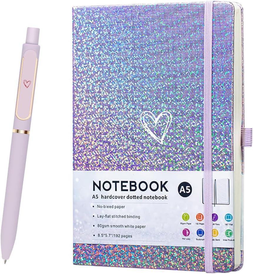 Bling A5 Notebook with Pen, Lined Journal Notebook A5 Notepad for Girls Women,Cute Heart Pattern Design Glitter Laser Diary College Ruled Hardcover Notebook for Work, School, Note Taking, Business (Purple)