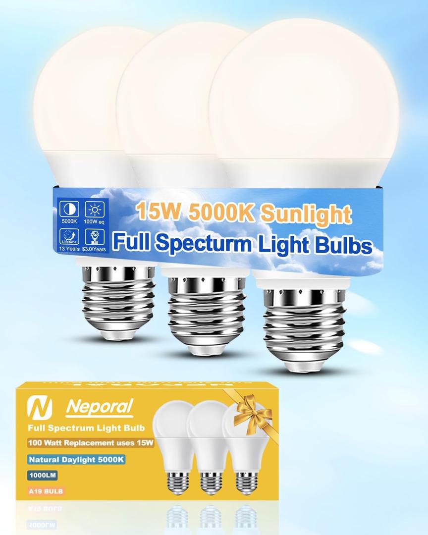 Neporal Full Spectrum Light Bulb 15W LED=100W, 5000K Flicker-Free Daylight, UV-Free & High CRI & Eye-Caring Natural Sunlight Light Bulbs for Humans, Home, Office, Plant  E26/E27, 30000H Lifespan,3PK